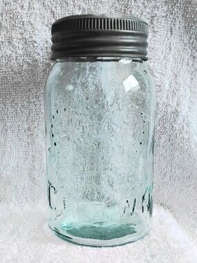 Vintage 7 1/2" Aqua Glass Crown Preserve Bottle with MM's in As Seen Condition!!